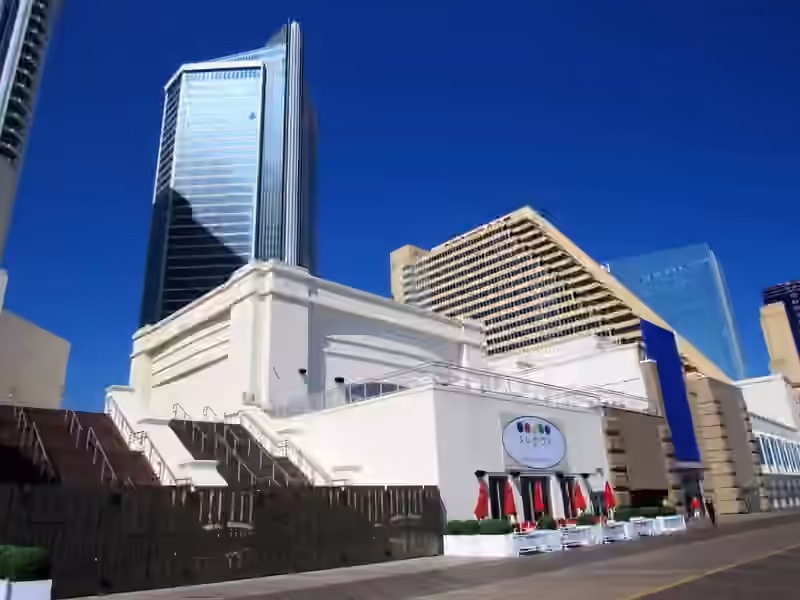 The Boardwalk side of Hard Rock Hotel & Casino Atlantic City in 2018, with a restaurant terrace at street level and the hotel towers behind
