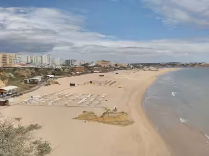 Praia da Rocha in Portimão seen from a viewpoint, with rows of sunbeds on the wide sand and hotels along the cliff top
