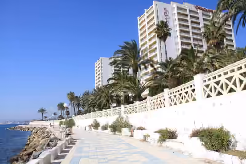 The white towers of the Hotel Torrequebrada in Benalmádena rising behind palm trees above the seafront promenade, photographed in 2012