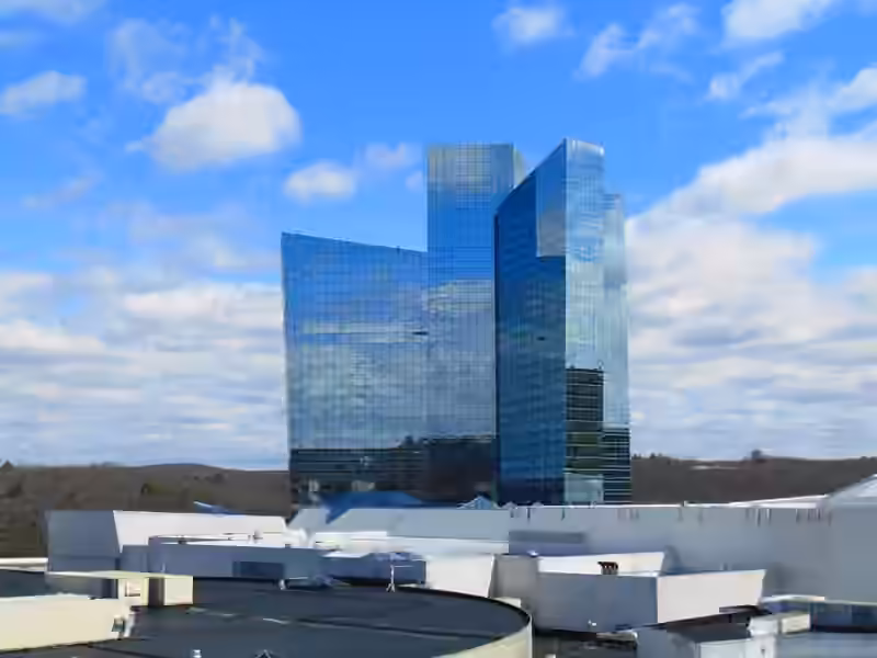 The mirrored glass Sky Tower of Mohegan Sun rising above the low roofs of the resort under a blue sky